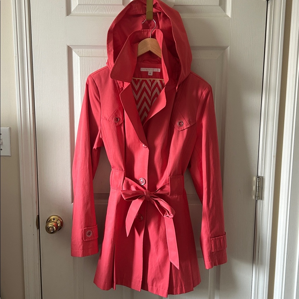 Via Spiga‎ Womens Spring Midi Length Belted Hooded Trench Coat in Coral Size XL - Picture 2 of 14